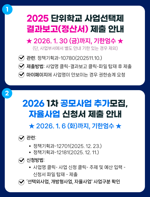 2025 단위학교 사업선택제 결과보고 제출 안내 및 2026 1차 공모사업 추가 모집, 자율사업 신청서 제출안내